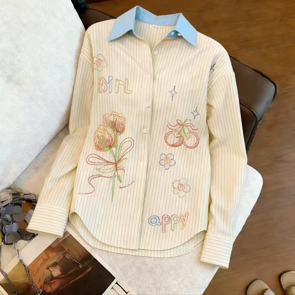 Beige Stripe Floral Letter Embroidery Shirt